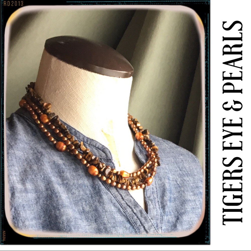 ✨🐅 Triple Strand Pearl & Tiger Eye Necklace
